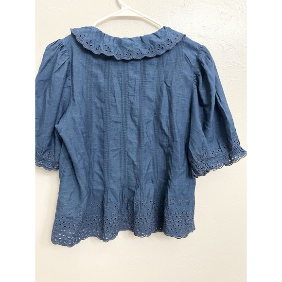 Gap x DOEN Eyelet Shirt Large Indigo Puff Sleeve Button Front Ruffled Collar Top - Picture 9 of 10